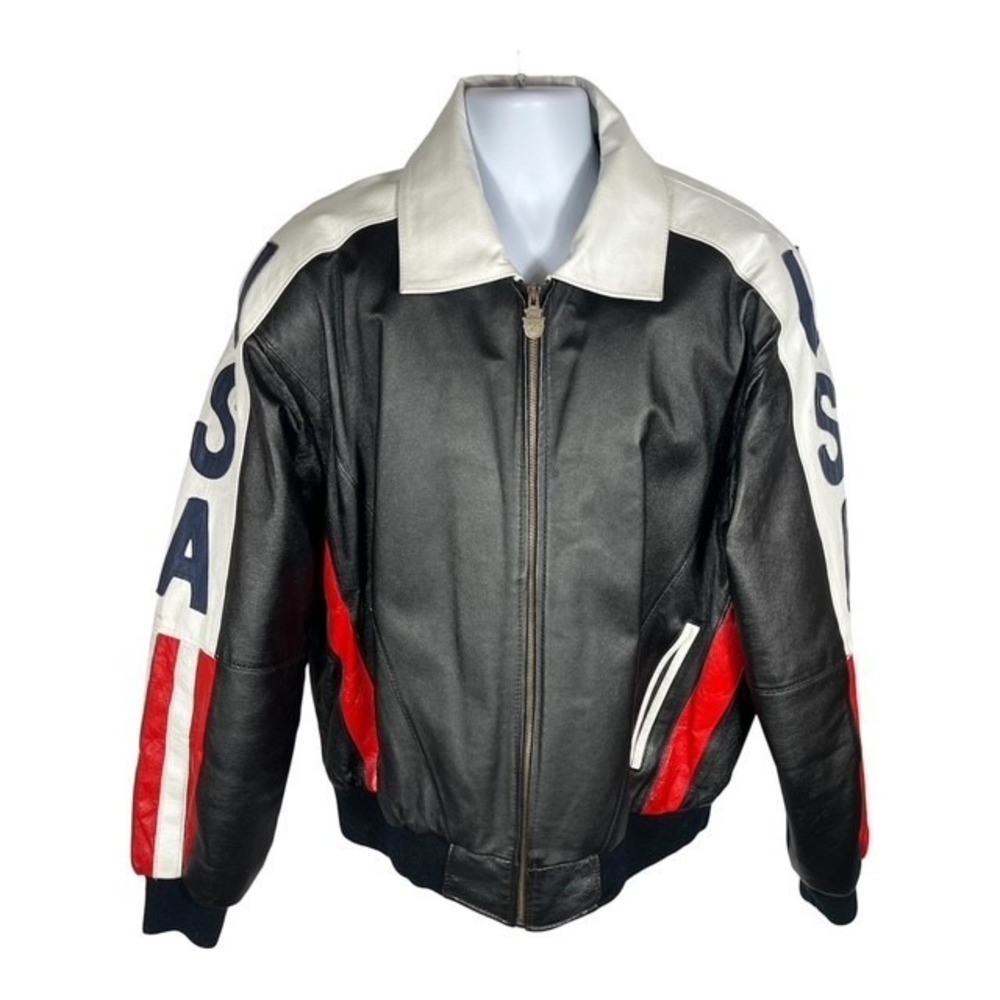 VTG Michael Hoban Mens Sz XL Wheremi Leather Bomber Jacket 90's Flag USA-2047